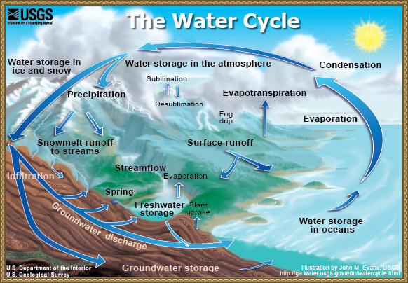 The Water Cycle: color graphic showing the movement of water through the water cycle, from evaporation and transpiration to condensation, to water storage in the atmophere, to precipitation, to water storage in ice and snow, surface runoff, snowmelt runoff to streams, streamflow, and freshwater storage. A cut away shows the ground water portion of the water cycle, from infiltration to ground water storage and ground water discharge into springs and freshwater storage. Surface runoff, freshwater storage, ground water storage, and ground water discharge are all shown contributing to water storage in oceans, where the evaporation portion of the water cycle starts again.
